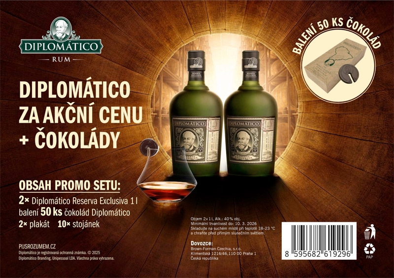 Diplomático Reserva Exclusiva Rum 2x1l+50ks čokoláda Dilomático+POS