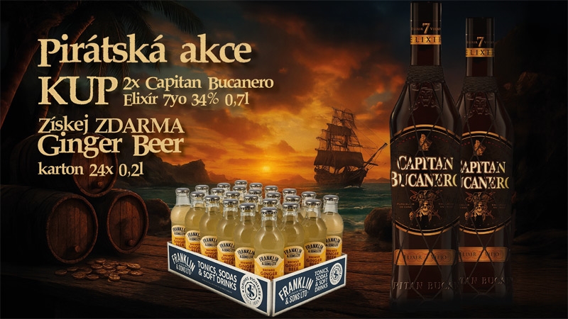Capitan Bucanero 34% 2x700ml+24x200ml Ginger Beer sklo Pack