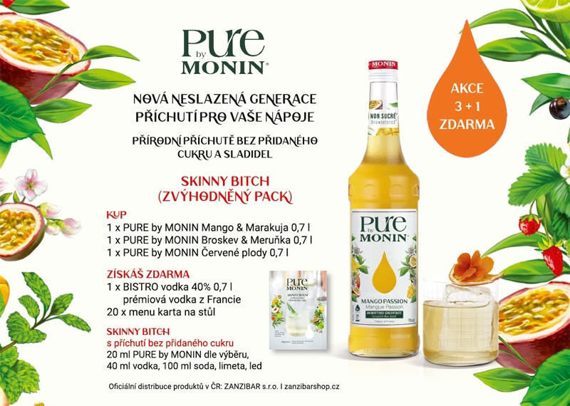 PACK Monin set Skinny Bitch 3x0,7l sirup + 1x0,7l Bistro vodka + 20x menu karta