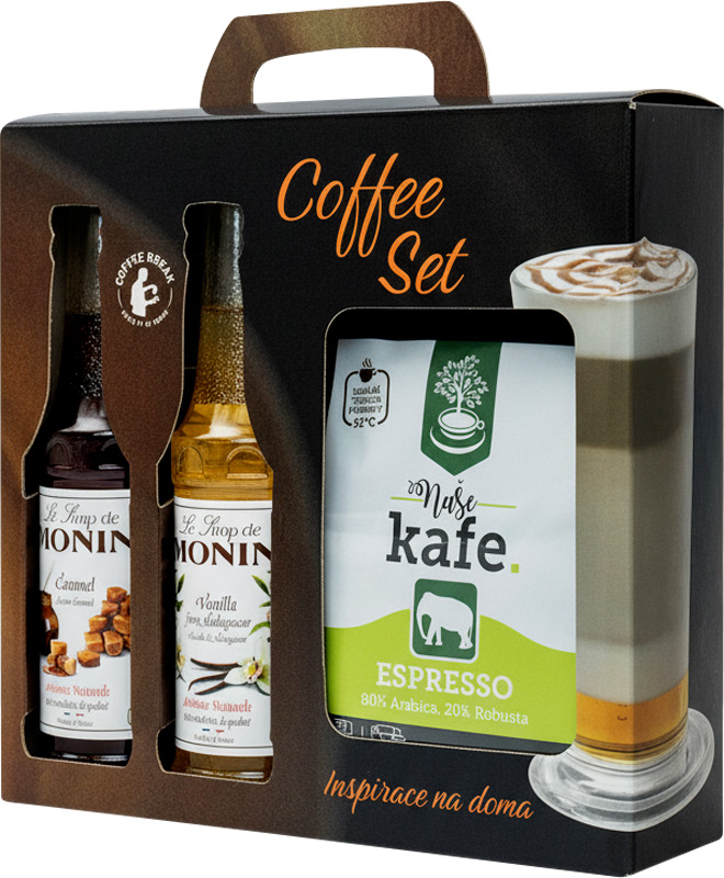 Monin Coffee set (Monin Vanilka,Karamel 250ml, Naše kafe Slon 250g)