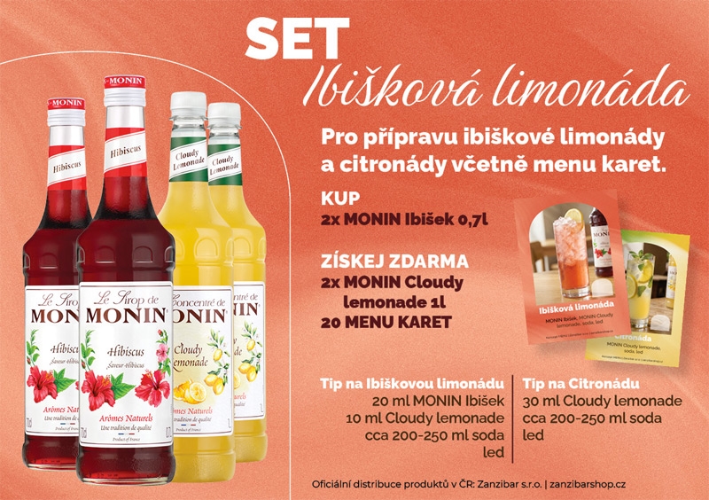 PACK Monin set Ibišková limonáda 2x0,7l Monin ibišek+2x1l Monin Cloudy lemo.+POS