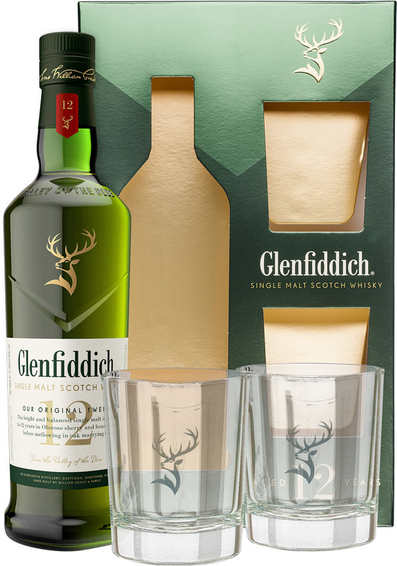 Glenfiddich Single Malt Scotch Whisky 12YO 40% 700ml + 2xsklo